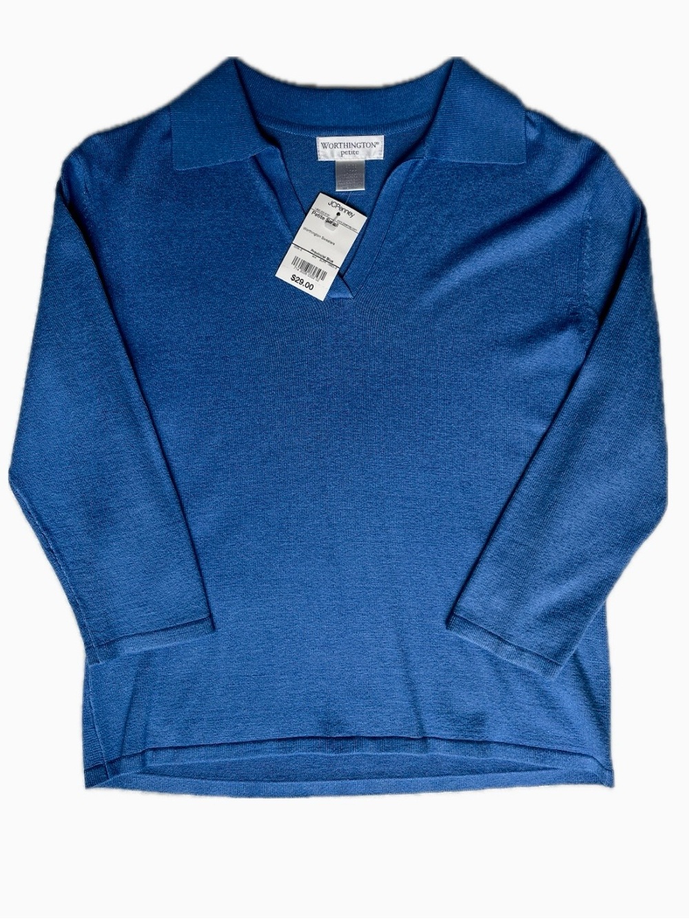 NWT Worthington Petite Women's Blue Polo-Style Long Sleeve V-Neck Sweater Top